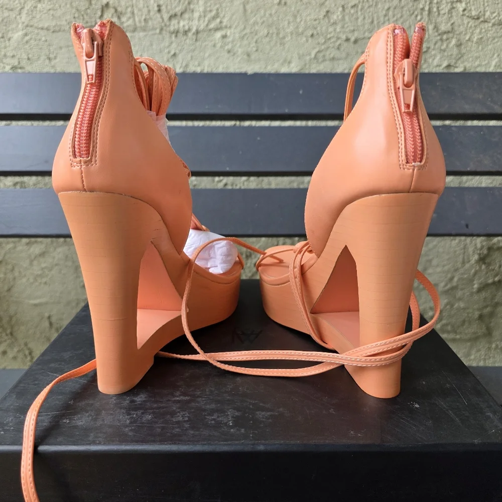 AAJ BY AMINAH WOMENS‎ NINA LACE-UP ARCHITECTURAL WEDGE SANDALS ORANGE Sz 6.5M